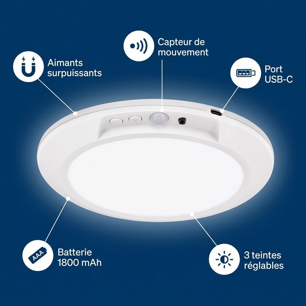 Lumina® — Lampe de Plafond Magnétique Rechargeable à Détecteur